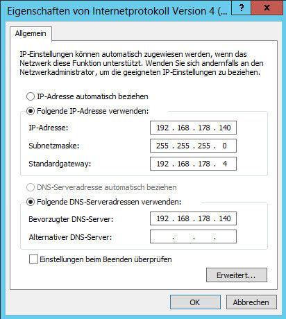 Tragen Sie eine statische IP-Adresse ein und aktivieren Sie die Option Folgende DNS-Serveradressen verwenden. Tragen Sie als IP-Adresse die IP-Adresse des Servers ein, da in einem Active Directory die Domänencontroller auch DNS-Server sein sollten. (Archiv: Vogel Business Media)