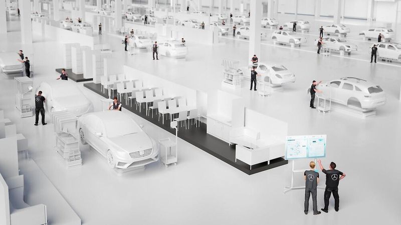 Maschinen, Anlagen, Fahrzeuge und Menschen sind in der Factory 56 mit einem leistungsfähigen WLAN- und 5G-Mobilfunktnetz miteinander verbunden. Der größte Teil ist bereits Internet-of-Things-fähig.  (Bild: Mercedes Benz)