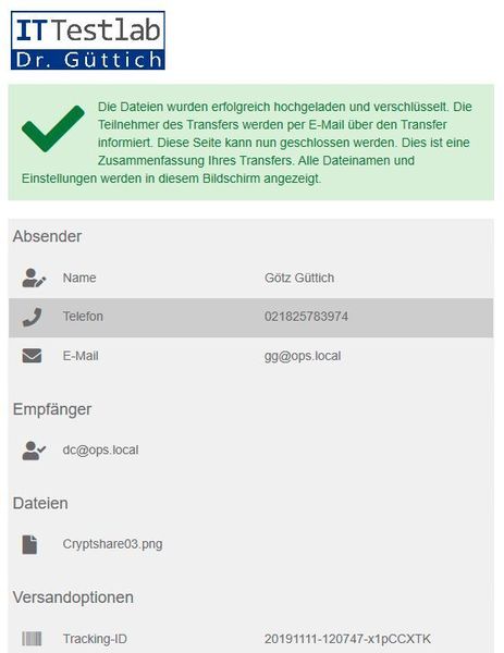 Der Abschluss eines Cryptshare-Transfers. (IT-Testlab Dr. Güttich)