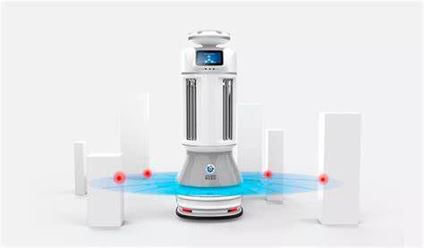 Der Keenon-Disinfection Robot M2 war auch auf der World Robot Conferenz zu erleben. Hier mit symbolisch markiertem Sprühbereich für Desinfektionsmittel. (Bild: Keenon)