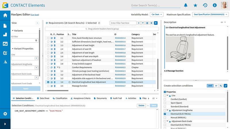 Der MaxSpec Editor übernimmt das bewährte Prinzip vom MaxBOM Editor: Statt der 150%-Stückliste werden 150%-Spezifikationen definiert.(Bild:  Contact Software)