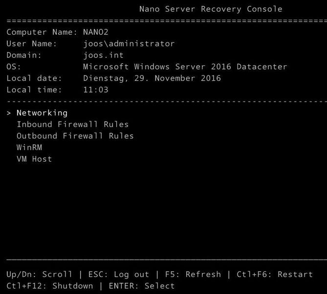 Nachdem der Server gestartet ist, steht die Nano Recovery Konsole zur Verfügung und zeigt die Daten des Servers an. Die Anmeldung erfolgt entweder über den lokalen Administrator, oder ein Domänenkonto. (Joos / Microsoft)