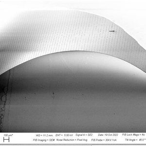 REM-Bild einer durch externe Kraftzufuhr elastisch gebogenen Diamant-Nanomembran.(Bild:  Fraunhofer USA, Center Midwest)