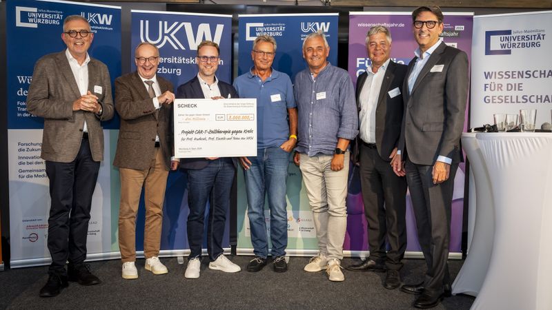 Beim „Würzburger Tag der Zukunftsmedizin“ an Bord der MS Wissenschaft überreichte die Vogel Stiftung einen Scheck über drei Millionen Euro zur Unterstützung der CAR-T-Zellforschung an das Team von Prof. Michael Hudecek vom Universitätsklinikum Würzburg. V.l.n.r.: Prof. Dr. Matthias Frosch, Prof. Dr. Hermann Einsele, Prof. Dr. Michael Hudecek, Rolf Lenertz, Prof. Dr. Michael Müßig, Dr. Gunther Schunk, Prof. Dr. Tim J. von Oertzen(Bild:  Thomas Berberich / UKW)