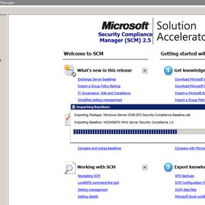 Nach der Installation liest das Tool die entsprechenden Konfigurationsempfehlungen für die Serversysteme ein und startet die SCM-Verwaltungsoberfläche. Links sind die Empfehlungen aufgeführt, in der Mitte des Fensters lassen sich Einstellungen vornehmen und rechts stehen Aktionen bereit, um die Vorlagen zu sichern.
