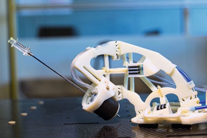 Hier zu sehen: Ein Prototyp des Medizinroboters aus dem 3D-Drucker. Obwohl dieser aus Dutzenden von Komponenten, Gelenken und Aktoren mit unterschiedlichen Materialeigenschaften besteht, lässt er sich mit einem 3D-Drucker in einem einzigen Prozessschritt herstellen. (Photothèque ICube / A. Morlot)