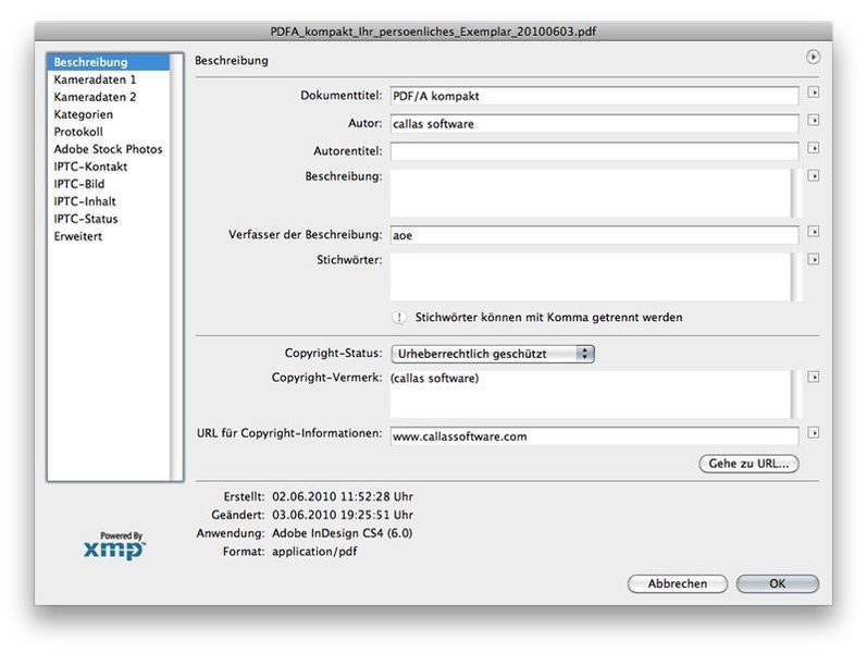 Das XMP Metadaten-Fenster von Adobe Acrobat mit den Feldinhalten. (Archiv: Vogel Business Media)