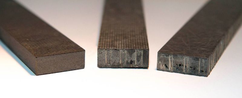 Hochleistungs-Sandwichverbunde mit Polymerkern und Decklagen aus textilen Halbzeugen (links, mittig), zusätzlich integrierter unkaschierter Papierwabe (mittig) im Vergleich zu Strukturen mit Decklagen aus geschnittenen Langfasern (rechts), hergestellt im Polyurethan-Sprühverfahren.  (TUD/ILK)