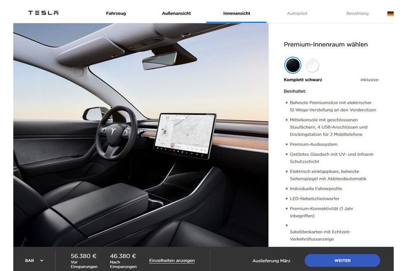 Innen kann man zwischen schwarz und weiß wählen. (Screenshot www.tesla.com)