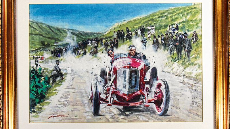 Wer’s in Farbe wollte, der musste anno 1924 den Maler bemühen. Das Ölgemälde von Walter Gotschke über die Targa Florio 1924 brachte ebenfalls gut 7.000 Euro ein. (Bild: Seidel)