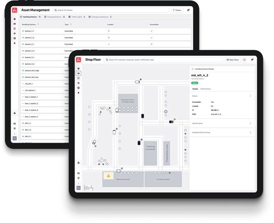 Dynamisch flexibel und schnell agieren: Eine Softwareplattform vergibt innerbetriebliche Transportaufträge nach Fähigkeiten, Verfügbarkeit und Position der Transportmittel.(Bild:  Synaos)