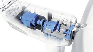 In den Maschinenhäusern ist wenig Platz – und in ihrer Mitte gar keiner. Die Ka-belbäume zu den acht dezentralen Schaltschränken werden deshalb an den gerun-deten Gondelwänden geführt. (Nordex)