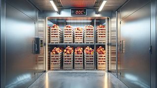 Abb. 1: Pfirsiche gehören zu den klimakterischen Früchten, d. h. sie haben die Eigenschaft, nach zu reifen. Die empfohlene Lagertemperatur liegt bei 0 °C, andernfalls drohen Kälteschäden (engl. Chilling Injuries, CI). (Symbolbild) (Bild: Dall-E / KI-generiert)