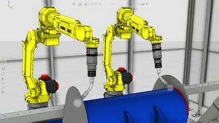 Die OLP‑Robotics‑Simulation von Visual Components zeigt zwei Roboter beim synchronen Schweißen an einem Bauteil. (Bild: Visual Components & Dualis)