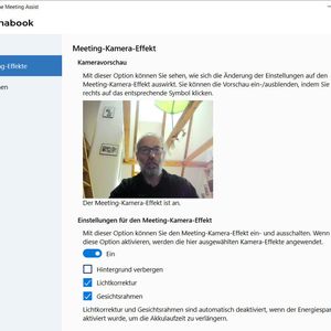 Dynabook hilft der eher mittelmäßigen Webcam mit Software auf die Sprünge. Die Auto-Frame-Technik, die das Gesicht im Fokus hält, ist praktisch.(Bild:  Vogel IT-Medien)