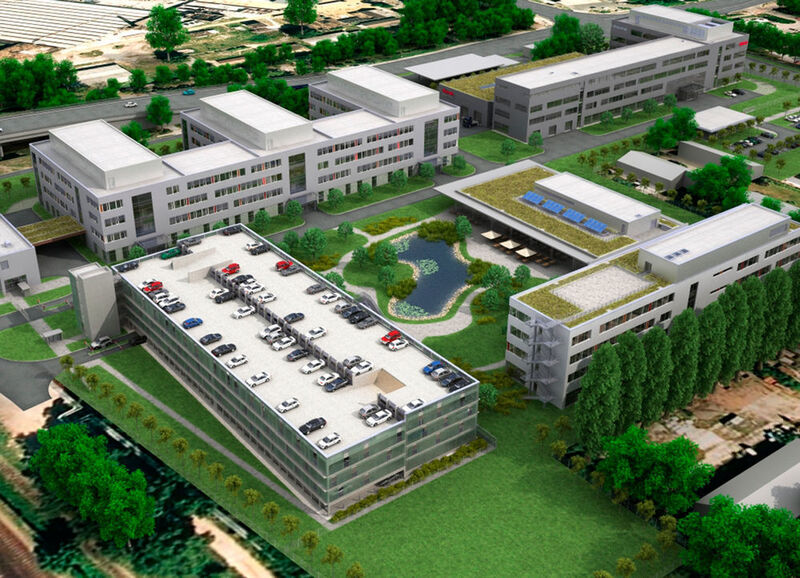 Bosch hat 2015 ein Entwicklungszentrum für Mobility Solutions in Budapest eröffnet (in der architektonischen Visualisierung links oben). (Bosch)