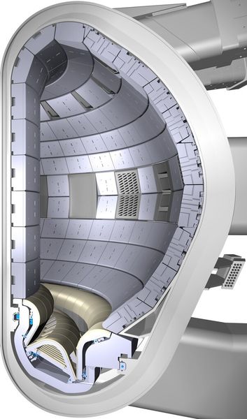A cut-away of the ITER vacuum vessel showing the blanket modules attached to its inner wall and the divertor at the bottom. (Bildquelle: ITER Organization)