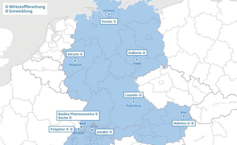 Abb.3: Industrielle Antibiotika-Forschung und -Entwicklung in Deutschland, Österreich und der Schweiz, Stand 06.07.2020 (Bild: vfa; (c) OpenMapTiles; (c) OpenStreetMapContributor)
