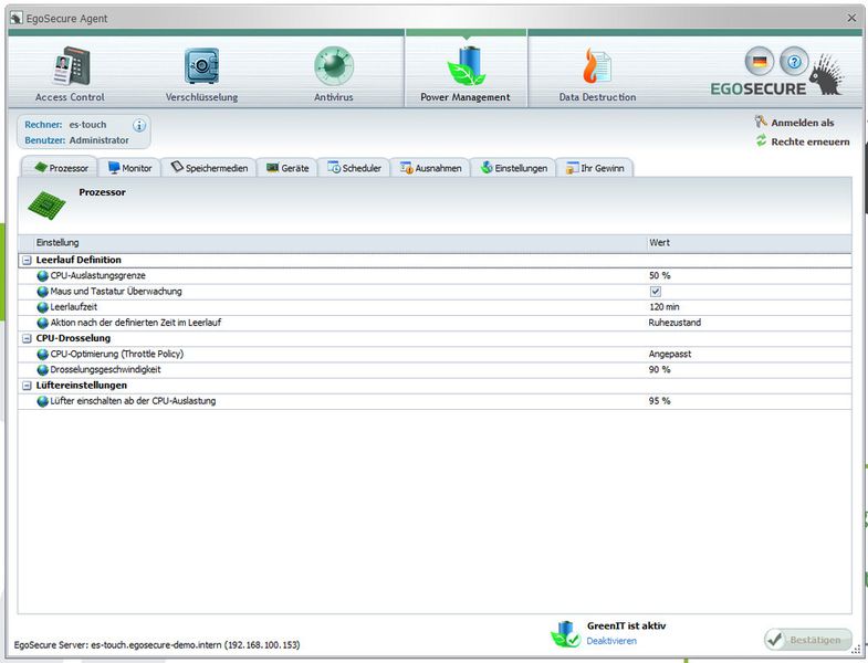 Auch im EgoSecure Agent lassen sich Einstellungen für das Power Management detailliert anzeigen. (Bild: EgoSecure)