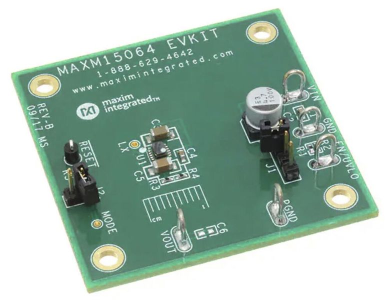 Bild 5: Das MAXM15064EVKIT# ist ein Evaluierungskit für den MAXM15064 mit 5-VDC-Ausgang, das bis zu 300 mA liefern kann.  (Bild: Maxim Integrated)