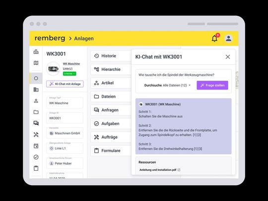 Das Start-up Remberg will Maschinenstillstände deutlich reduzieren. Das klappe mit dem neuen KI-Copilot (hier ein Blick auf die Eingabe), der bei der Behebung von Problemen helfe, ohne dass man lange in Anlagenbeschreibungen herumblättern müsse.(Bild:  Remberg)