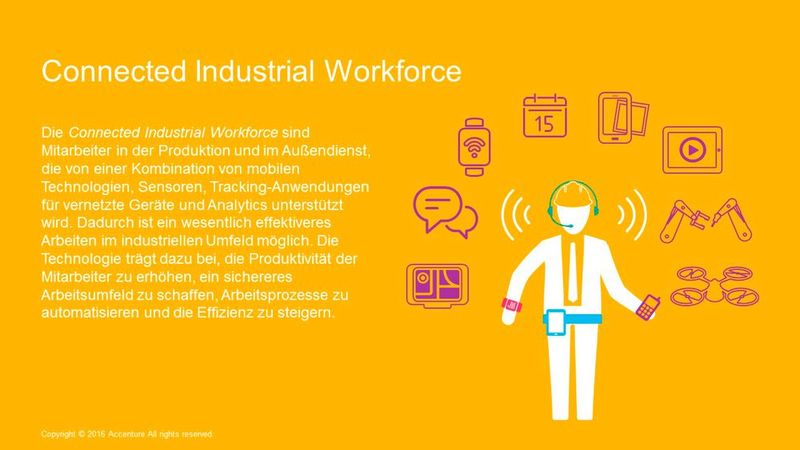 Durch die enge Verzahnung von Maschinen, künstlicher Intelligenz und den Mitarbeitern in der Fertigungsindustrie entsteht eine Connected Industrial Workforce. ( Accenture)