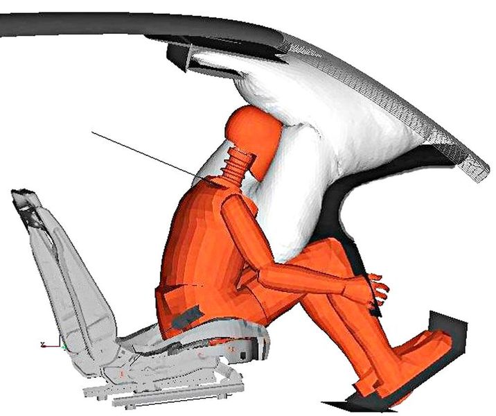 Aufgrund des einzigartigen Lenkraddesigns und des begrenzten Platzangebots im Armaturenbrett platziert ZF TRW beim Rinnspeed-Konzeptfahrzeug die Front-Airbags im Fahrzeugdach. Wird der Dach-Airbag ausgelöst, entfaltet er sich vor dem Insassen entlang der Windschutzscheibe und hilft so dabei, Fahrer und Beifahrer zu schützen. (Bild: ZF TRW und Rinspeed)