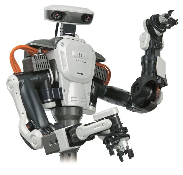 Le sympathique robot Nextage, représenté par Rollomatic, est un concept intéressant ! Absent de Sindex, il sera à l'IMTS, l'AMB, la BI-MU et  JIMTOF. (Nextage)