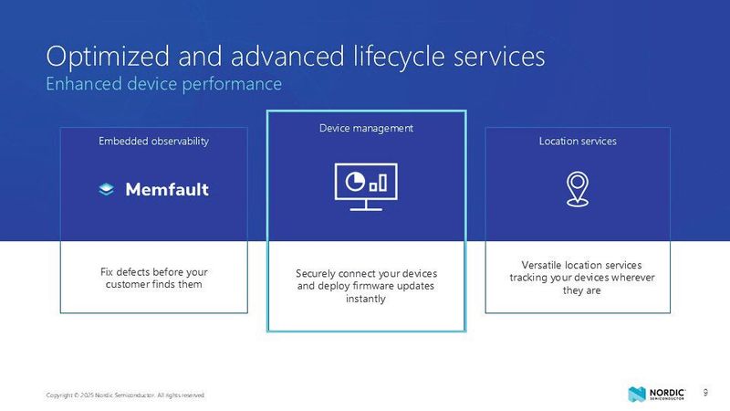 Optimiertes Gerätemanagement: Die nRF Cloud bündelt Flottenüberwachung durch Memfault, sichere FOTA-Updates und integrierte Ortungsdienste. (Bild: Nordic Semiconductor)