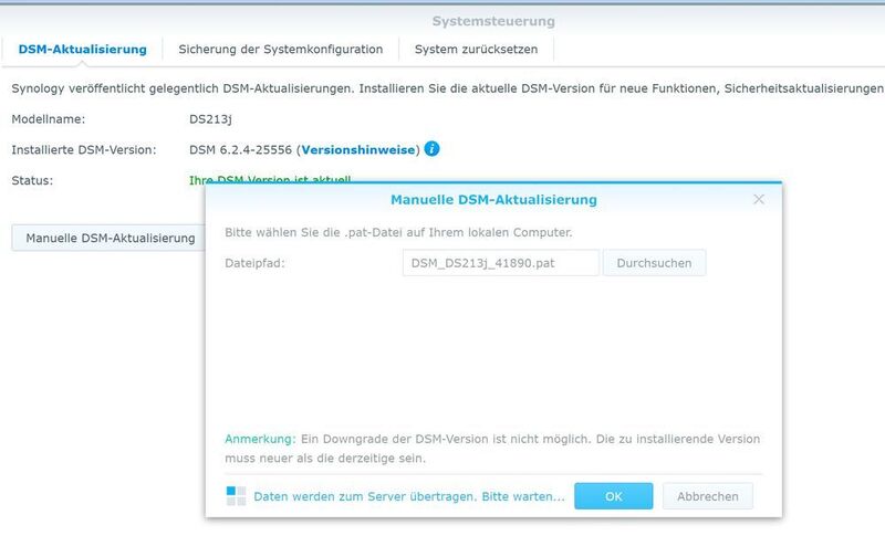 Hochladen der Aktualisierungsdatei zu DSM 7.0 zum Aktualisieren eines NAS. (Joos/Synology (Screenshot))