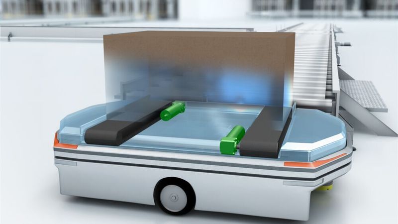 Mit Kronenradgetrieben effizient „ums Eck gehen“: Kronenradgetriebe eigenen sich u.a. für den Einsatz in fahrerlosen Transportsystemen. (EBM-Papst)