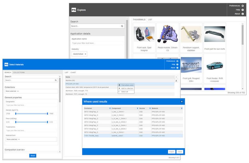 Zugriff auf unternehmensinternes Werkstoffwissen über eine Granta-MI-Webanwendung: Anwendungsinformationen können eingesehen und Fragen wie “Wo wird der Werkstoff benutzt“ beantwortet werden. (Bild: Granta)