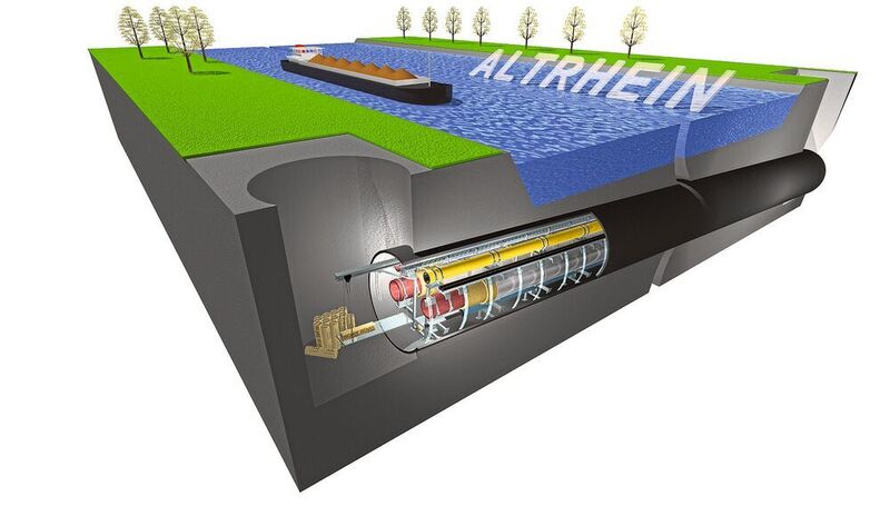 Ingenieurtechnische Meisterleistung: Die als Stahlbeton-Tunnel mit einem Innen-Durchmesser von 3,4 Metern realisierte Leitungsstrecke unterquert den Altrhein in einer Tiefe von bis zu 27 Metern. (Isover)