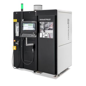 A highlight at AMB booth C 52 in hall 10: The integrated manufacturing solution combining the Micro5 XL and Variocell Pallet for highly precise, high-productivity micromachining and automated zero-point pallet handling — all within an exceptionally compact footprint.(Source:  Chiron)
