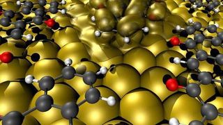 Über ihre „Sauerstoff-Ausleger“ nehmen die untersuchten organischen Verbindungen Kontakt zu den Atomen der Metalloberfläche auf. Dadurch verändern sich ihre elektronischen Eigenschaften. (Bild: Georg Heimel/HU Berlin)