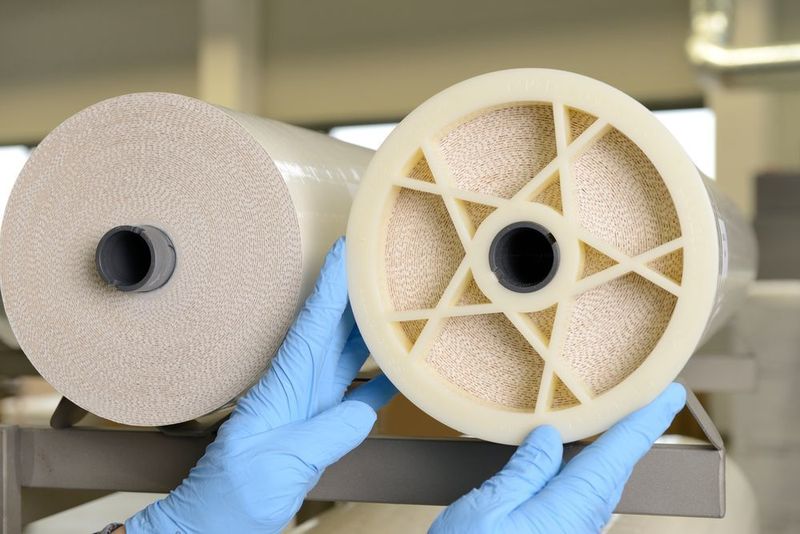 Mounting an anti-telescoping device (ATD) during assembly of the Lewabrane membrane elements at Lanxess’s Bitterfeld production site. These end caps protect the elements in operation against deformation. (Lanxess)