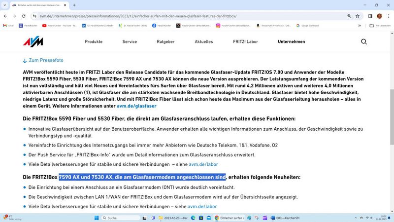 Mit FRITZ!OS 7.80 sollen auch die zwei DSL-Boxen 7590ax und 7530ax noch besser an einem Glasfaser-Modem alias ONT funktionieren. (Bild: Harald Karcher - AVM)