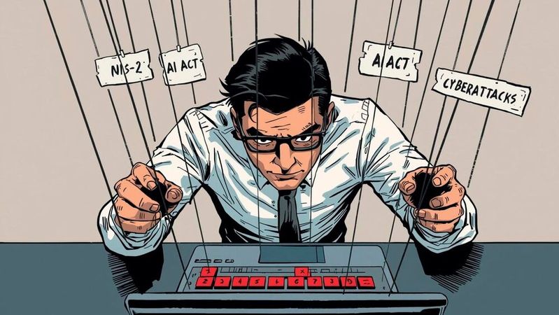 NIS2, AI Act und Cyberangriffe?  Für viele mittelständische Unternehmen entsteht daraus eine schwierige Situation: Es muss gehandelt werden, aber oft fehlt der übergreifende Blick auf die Folgen einzelner IT‑Entscheidungen.(Bild:  Canva / KI-generiert)