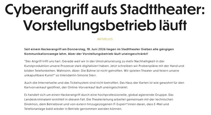 Der Cyberangriff auf das Stadttheater Gießen schränkte den Kartenverkauf massiv ein. (Bild: Vogel IT-Medien GmbH)