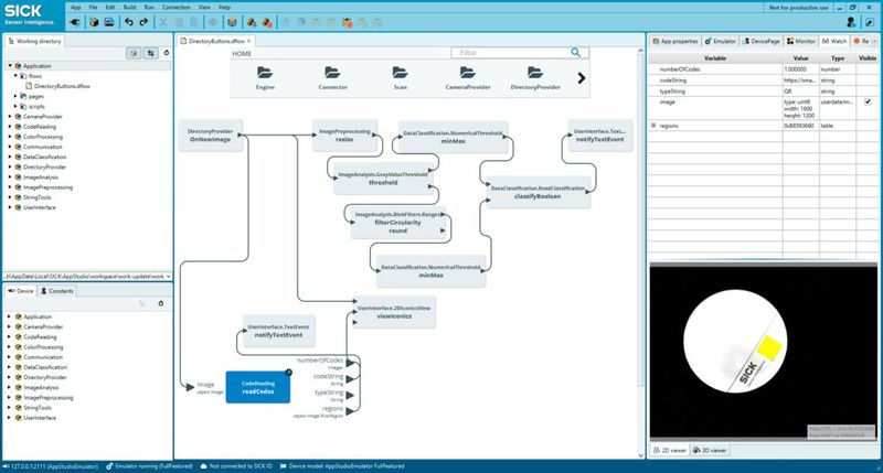 Entwickeln ohne Programmieren im AppSpace: Ein Dataflow, zusammengesetzt aus Funktionsblöcken (Bild: Sick)