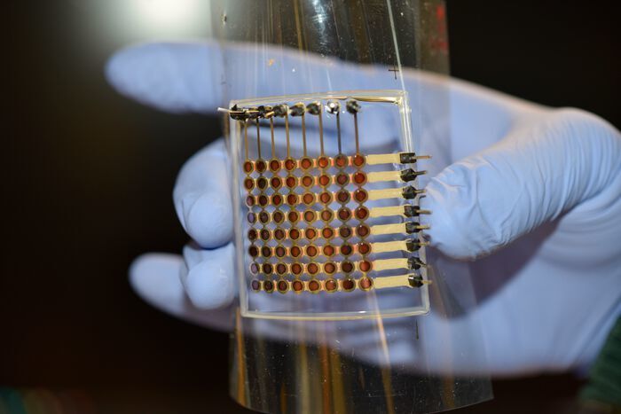 The fully 3D-printed flexible organic light-emitting diode (OLED) display prototype is about 1.5 inches on each side and has 64 pixels. Every pixel works and displays light. The 3D-printed display is also flexible, which could make it useful for a wide variety of applications, such as foldable smartphone displays. (McAlpine Group, University of Minnesota)