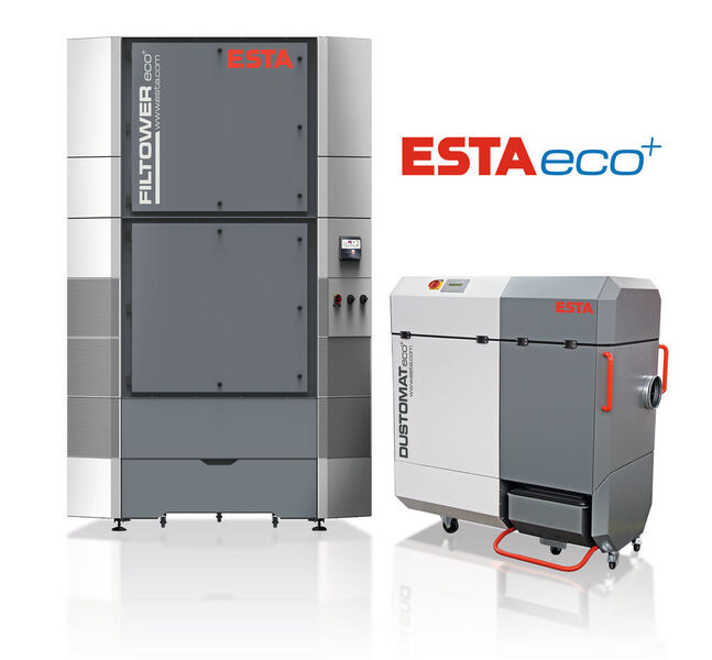 Das Hallenlüftungssystem Filtower zur Einhaltung der Reststaubgrenzwerte in Produktionshallen sowie der mobile Entstauber Dustomat 4 werden auf der Powtech 2016 in der neuen eco+ Ausführung vorgestellt. (Bild: Esta)
