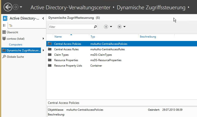 Abbildung 1: Im Active-Directory-Verwaltungscenter werden die Einstellungen der dynamischen Zugriffssteuerung konfiguriert. (Bild: Joos)