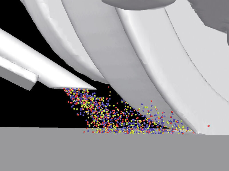 Virtuelle Abbildung eines Sandstrahls, der beim Beschleunigen und Bremsen zwischen Rad und Schiene gezielt eingesetzt wird. (Bild: Virtual Vehicle)