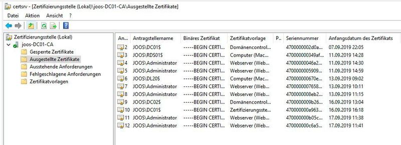 Die ausgestellten Zertifikate sind über „Ausgestellte Zertifikate“ in der Verwaltungskonsole der CA zu finden. (Th. Joos)