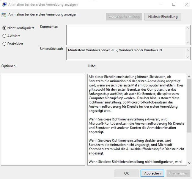 Außerdem sollte die Einstellung „Animation bei der ersten Anmeldung anzeigen“ auf „Deaktiviert“ gesetzt werden. Die Animation blendet detaillierte Informationen für die Benutzer aus. Ohne die Animation werden ausführliche Informationen angezeigt, sodass Anwender den Administratoren mitteilen können, an welcher Stelle der PC länger hängt, bis die Umsetzung der Richtlinien funktioniert. (Th. Joos)