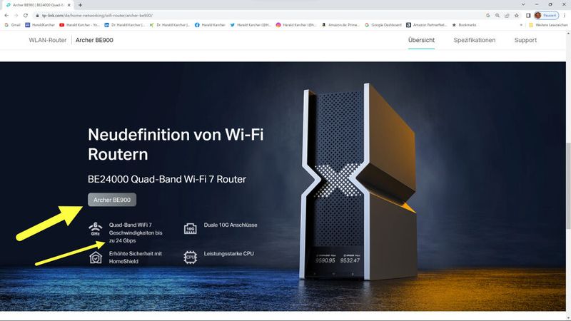 Der Quad-Band-Wi-Fi-7-Router TP-Link Archer BE900 kommt mit vier Frequenzblöcken auf eine stattliche WLAN-Summe von 24 Gigabit. (Bild: TP-Link)