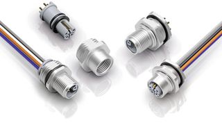 M12-Flanschsteckverbinder mit L-Kodierung: Die platzsparenden Produkte sind für das Hand-, Wellen- und Reflow-Löten auf Leiterplatten geeignet.  (Bild: binder)