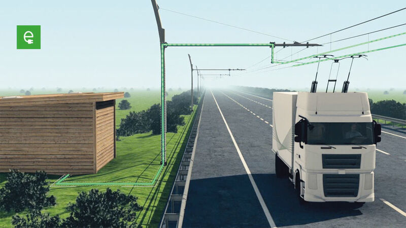 Im Rahmen des Forschungsprojekts Enuba 1 hat Siemens ein Konzept für den elektrischen, fahrdrahtgebundenen Betrieb schwerer Nutzfahrzeuge entwickelt und die technische Realisierbarkeit auf einer eigens dafür errichteten Teststrecke nördlich von Berlin erprobt. (Siemens AG)