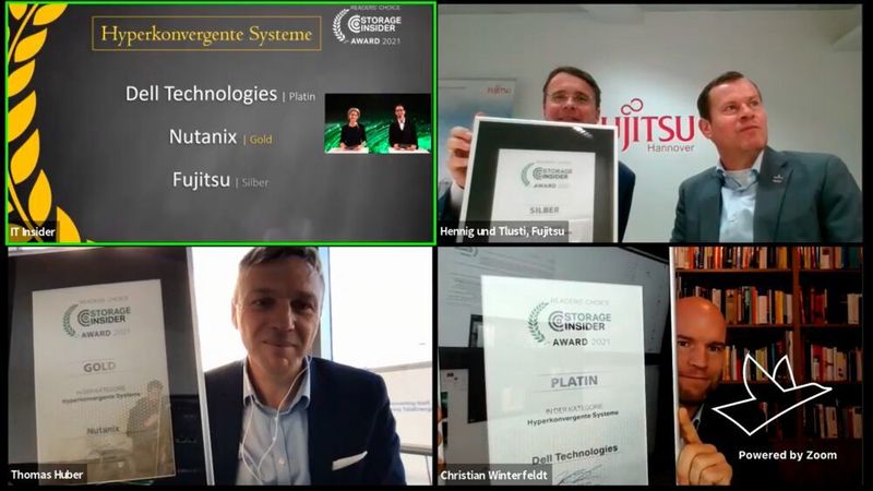 In der fünften und themenübergreifenden Awards-Kategorie „Hyperkonvergente Systeme“ sind die Preisträger: Dell Technologies (vertreten durch Christian Winterfeldt), Nutanix (vertreten durch Thomas Huber) und Fujitsu (vertreten durch Alexander Tlusti und Andreas Henning). (Vogel IT-Medien)